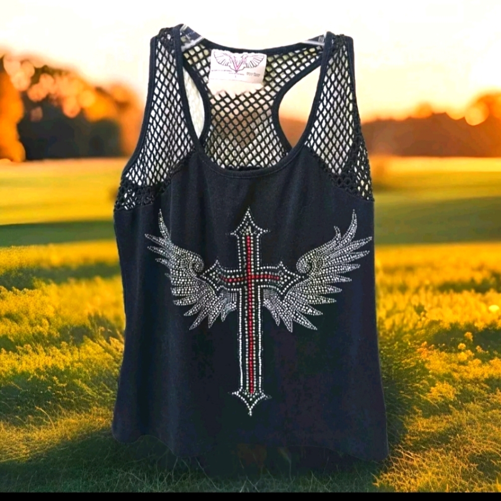 Twin V Motorcycle Apparel Ladies Large Fishnet Rhinestone Winged Cross Tank
